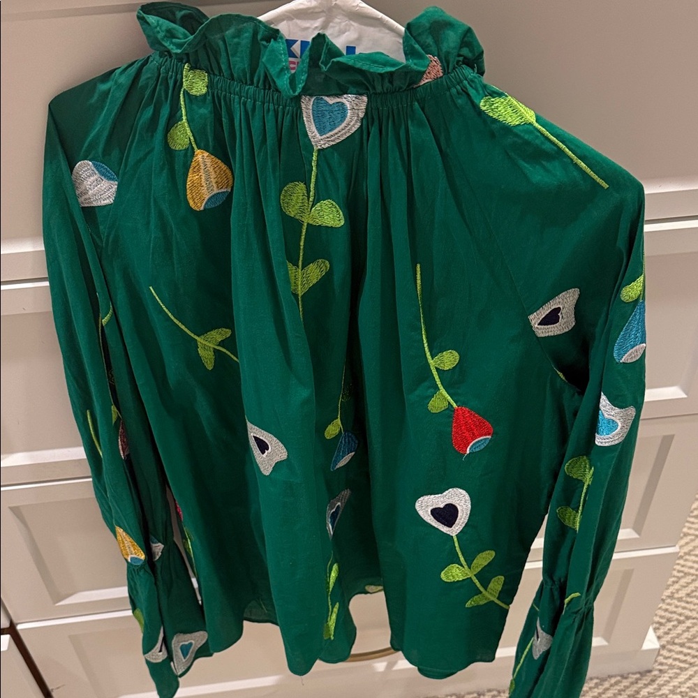 Cynthia Rowley Green Blouse with Colorful Embroidery